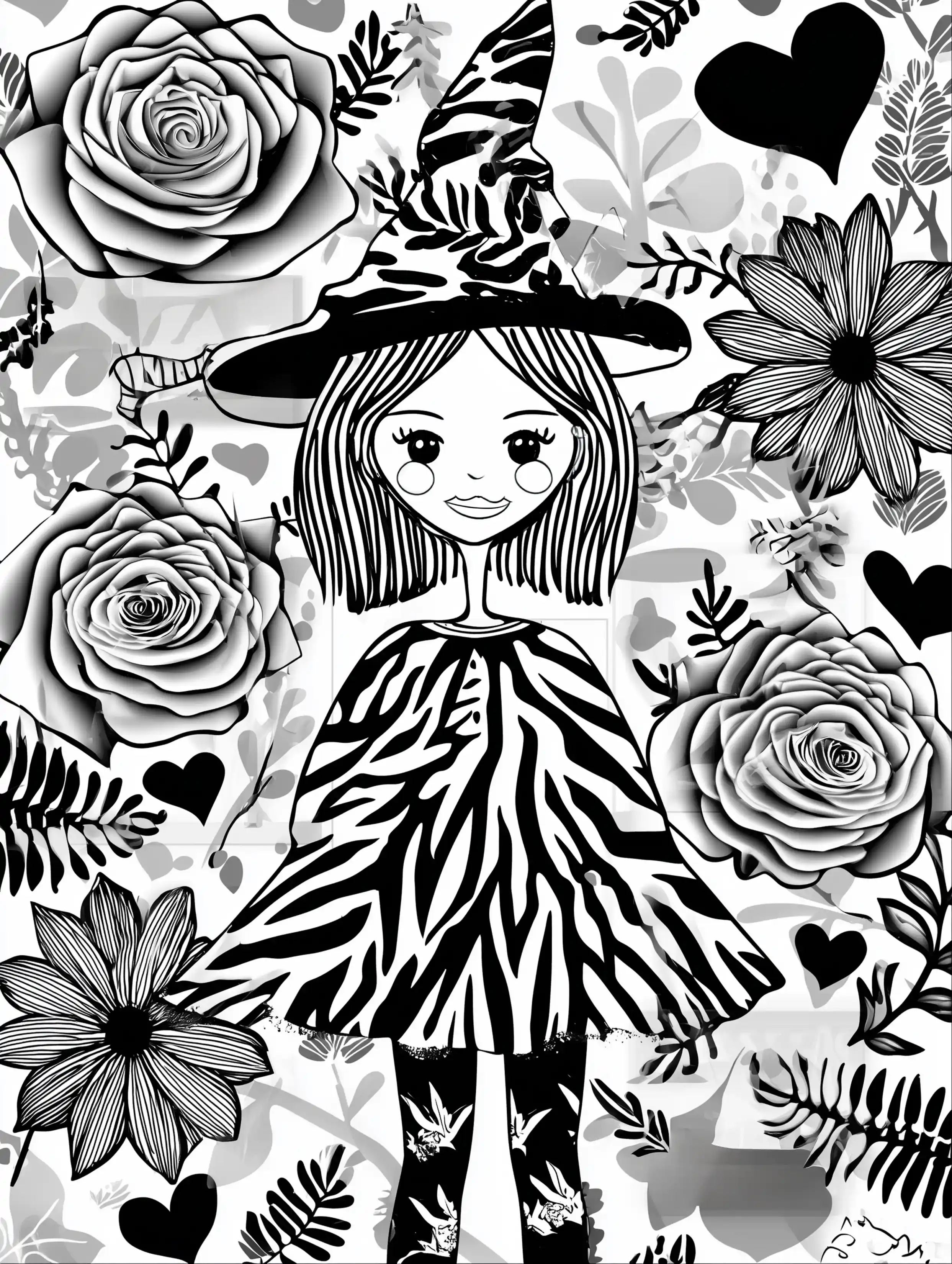 Free printable coloring page for adults featuring a standing witch illustration